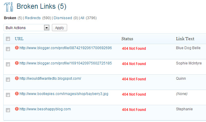 Broken links screenshot
