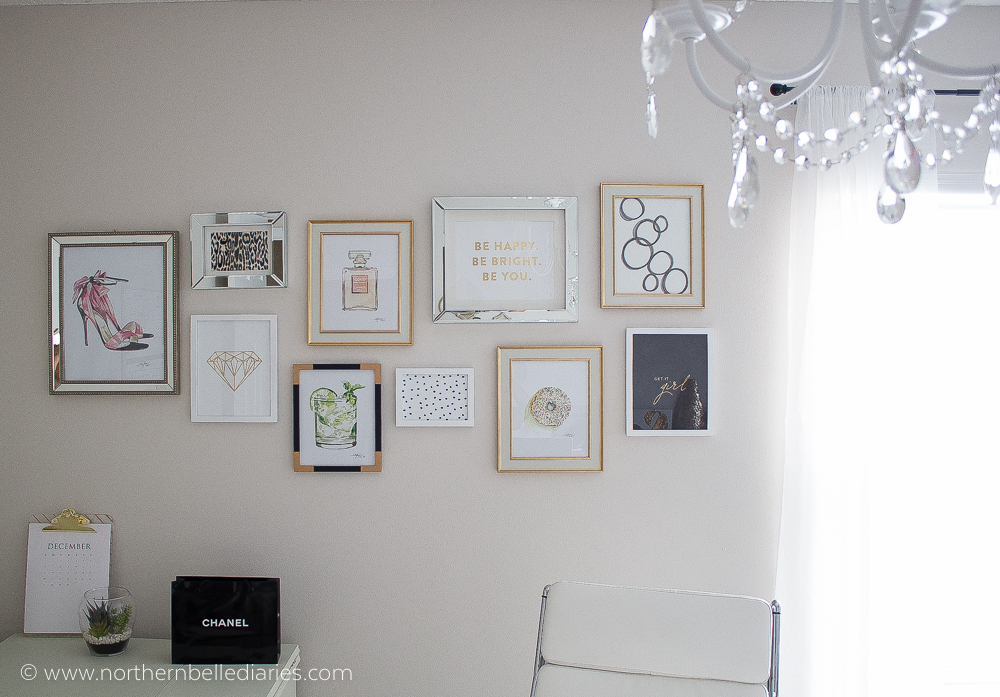 Feminine office gallery wall with watercolor artwork