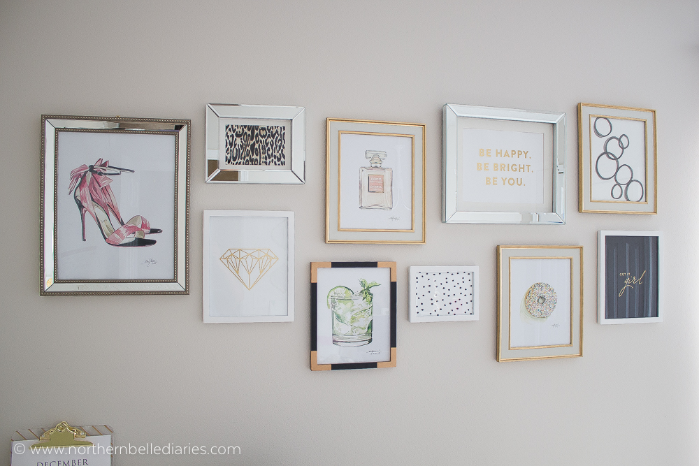 Feminine office gallery wall with watercolor artwork