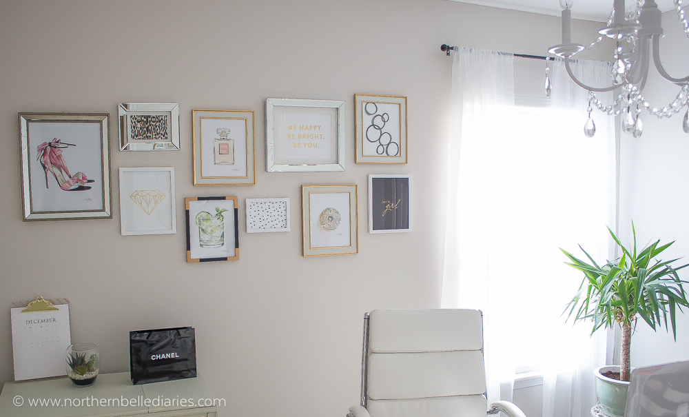 Feminine office gallery wall with watercolor artwork