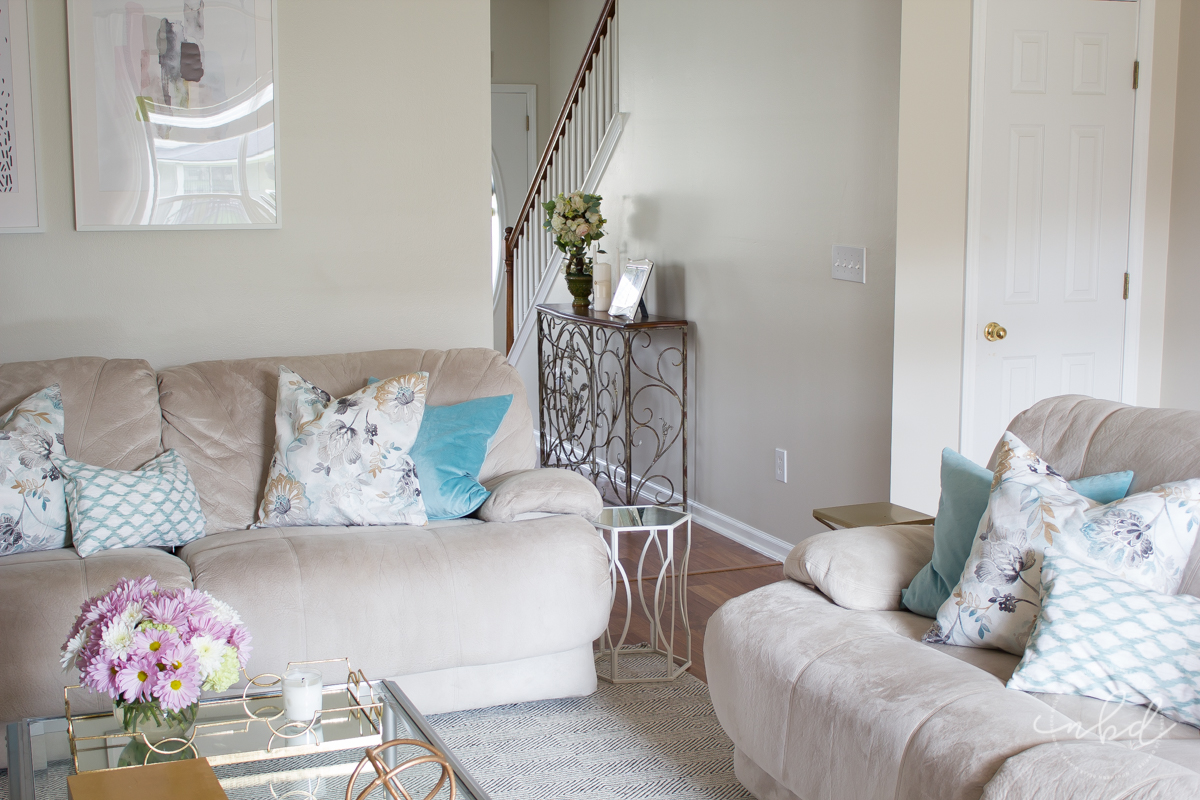 blue and white living room