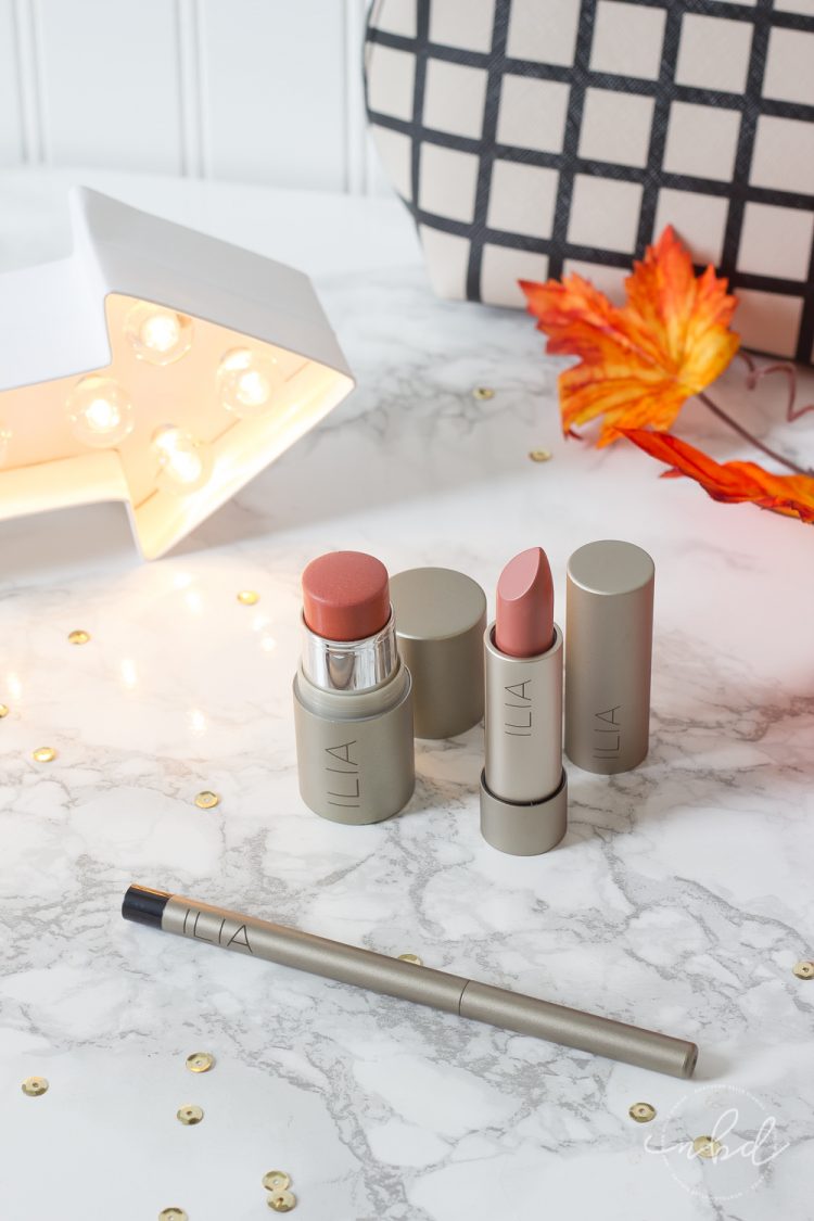 ILIA Cheek to Cheek multi-stick, ILIA Rebel Rebel Pure Eyeliner, and ILIA The Brides warm nude lipstick