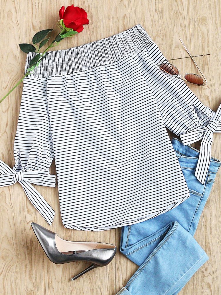 Striped-Smocked-Off-The-Shoulder-Self-Tie-Sleeve-Top