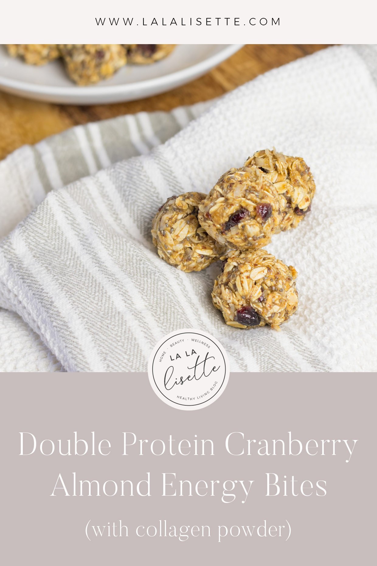 graphic of protein balls with text: Double Protein Cranberry Almond Bites