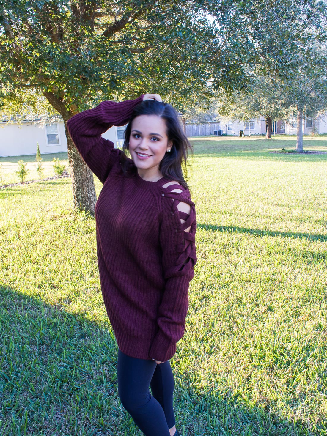 Fall Fashion in Warmer Climates | Tobi wine criss cross sweater