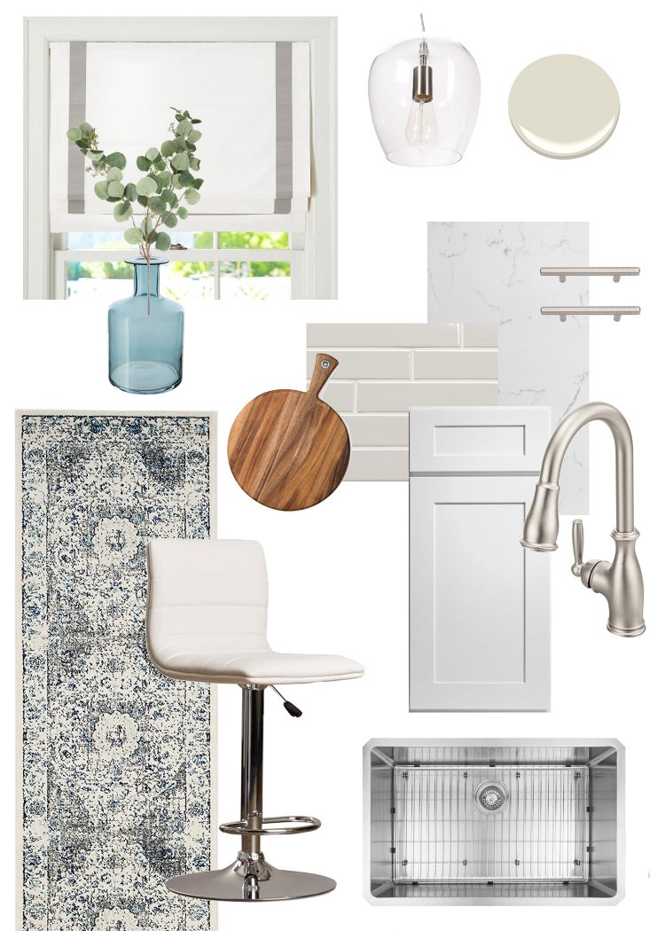 collage of textiles, hardware, and accessories for the kitchen