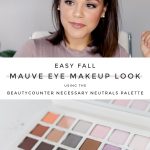 image of blogger and Beautycounter Necessary Neutrals Palette with text: "Easy Fall Mauve Eye Makeup Look using the Beautycounter Necessary Neutrals Palette"