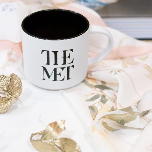 mug with The Met logo, botanical scarf and book from The Metropolitan Museum