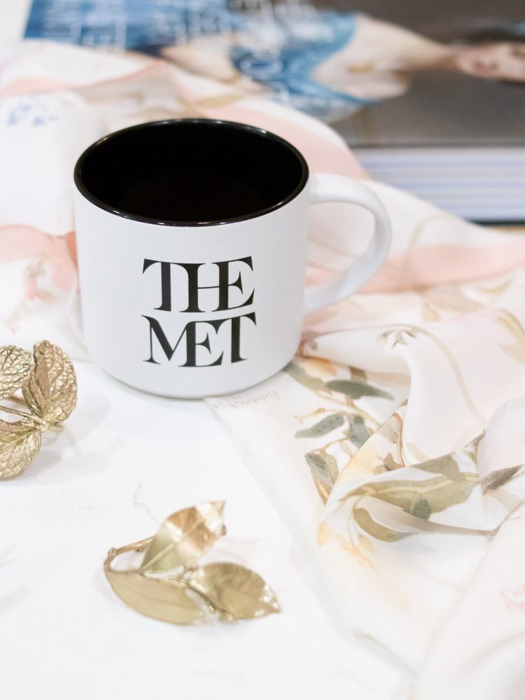mug with The Met logo, botanical scarf and book from The Metropolitan Museum
